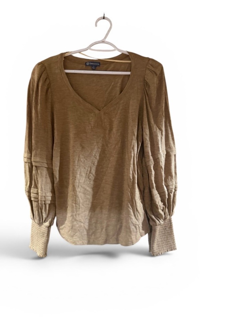 Democracy Olive-Tan V-Neck Long Sleeve Puff Sleeve Top